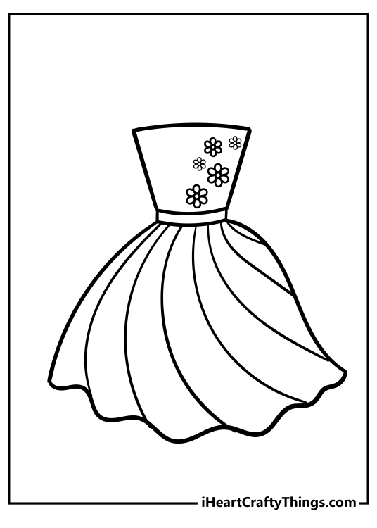 Printable coloring sheet presenting sleeveless dress with a floral pattern on the corset