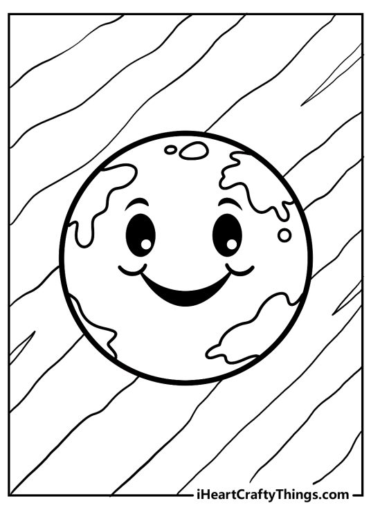 Coloring picture presenting a smiling Earth with a cute face and many lines in the background