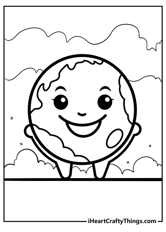 Detailed coloring page featuring planet Earth with arms legs and a gleeful expression
