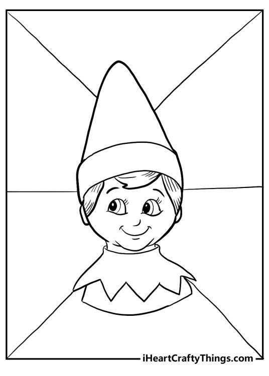 Elf on the Shelf printable pdf to color featuring a close-up look at elf with a cheerful smile wearing pointy hat