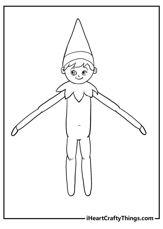 Elf on the Shelf-themed picture to print and color featuring energetic elf standing with arms wide open