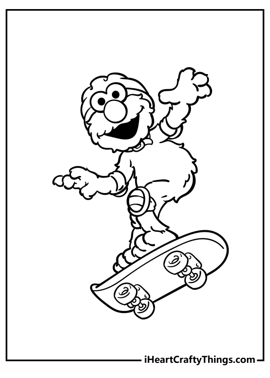 Coloring picture for kids presenting Elmo wearing helmet and kneepads while riding a skateboard