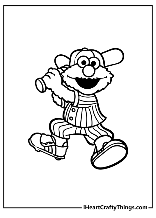 Printable coloring sheet for kids depicting Elmo in the middle of a baseball game