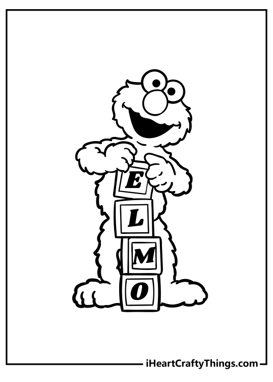 Coloring sheet for children featuring Elmo posed with some blocks that spell out his name