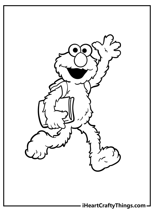 Free coloring picture for kids presenting Elmo walking with a book and waving to us