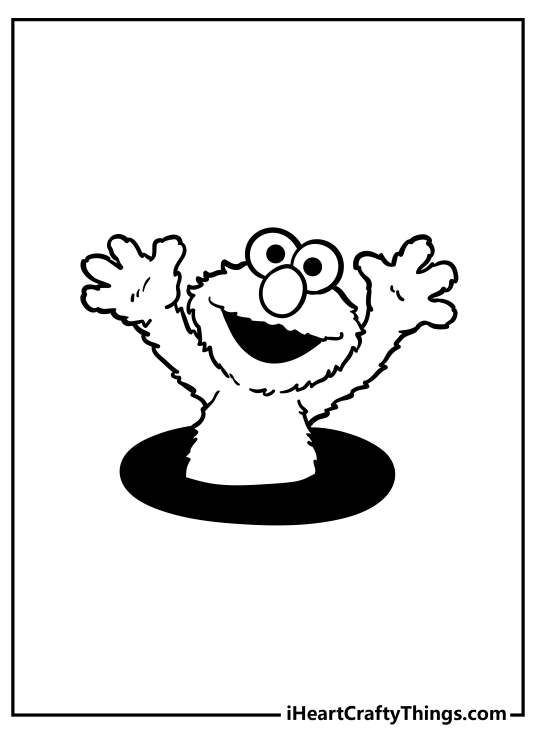 Free coloring printable for kids featuring Elmo from Sesame Street popping out of a hole