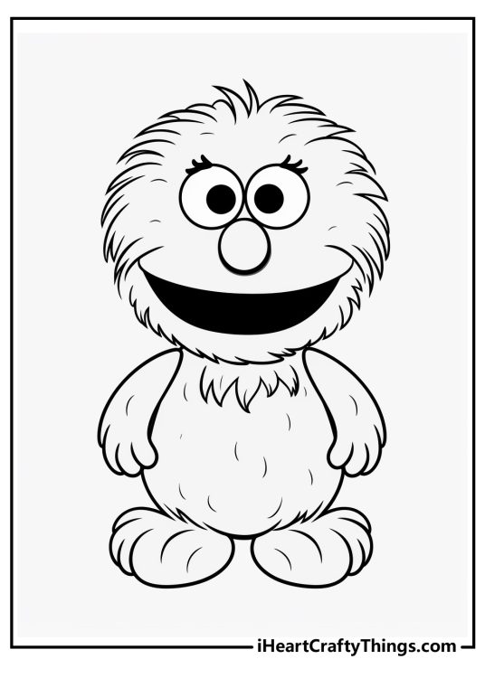 Coloring sheet presenting Elmo with round furry body and a big head with two eyes and an opened mouth