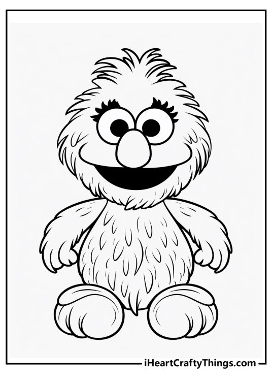 Black-and-white printable image featuring a cute and cuddly Elmo from Sesame Street