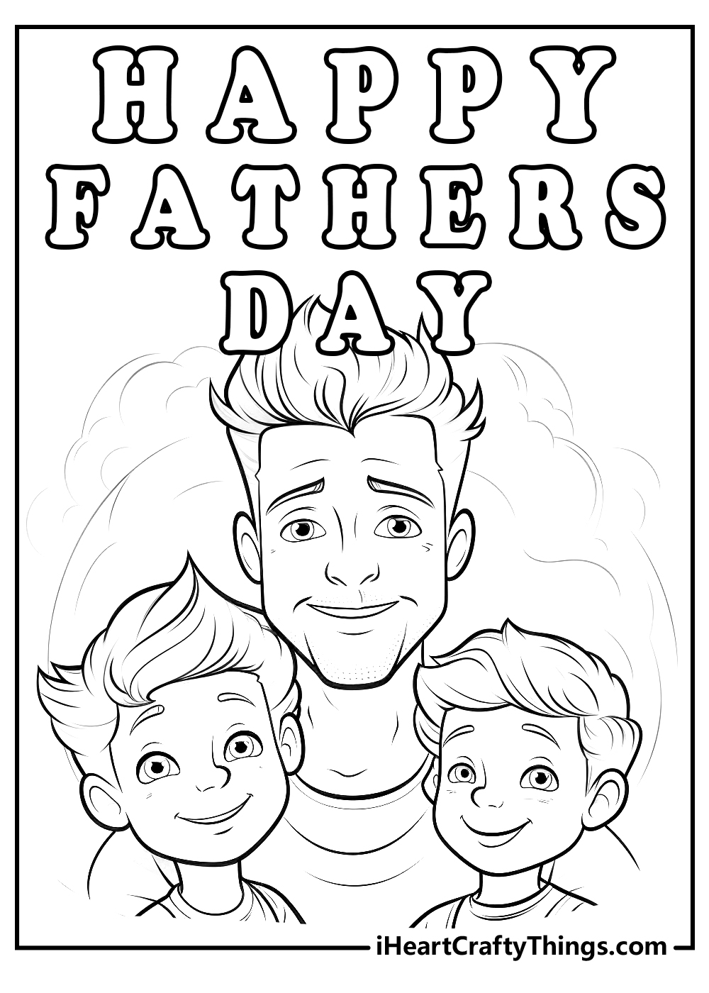 Father and two kids happy Father's Day coloring sheet for preschool