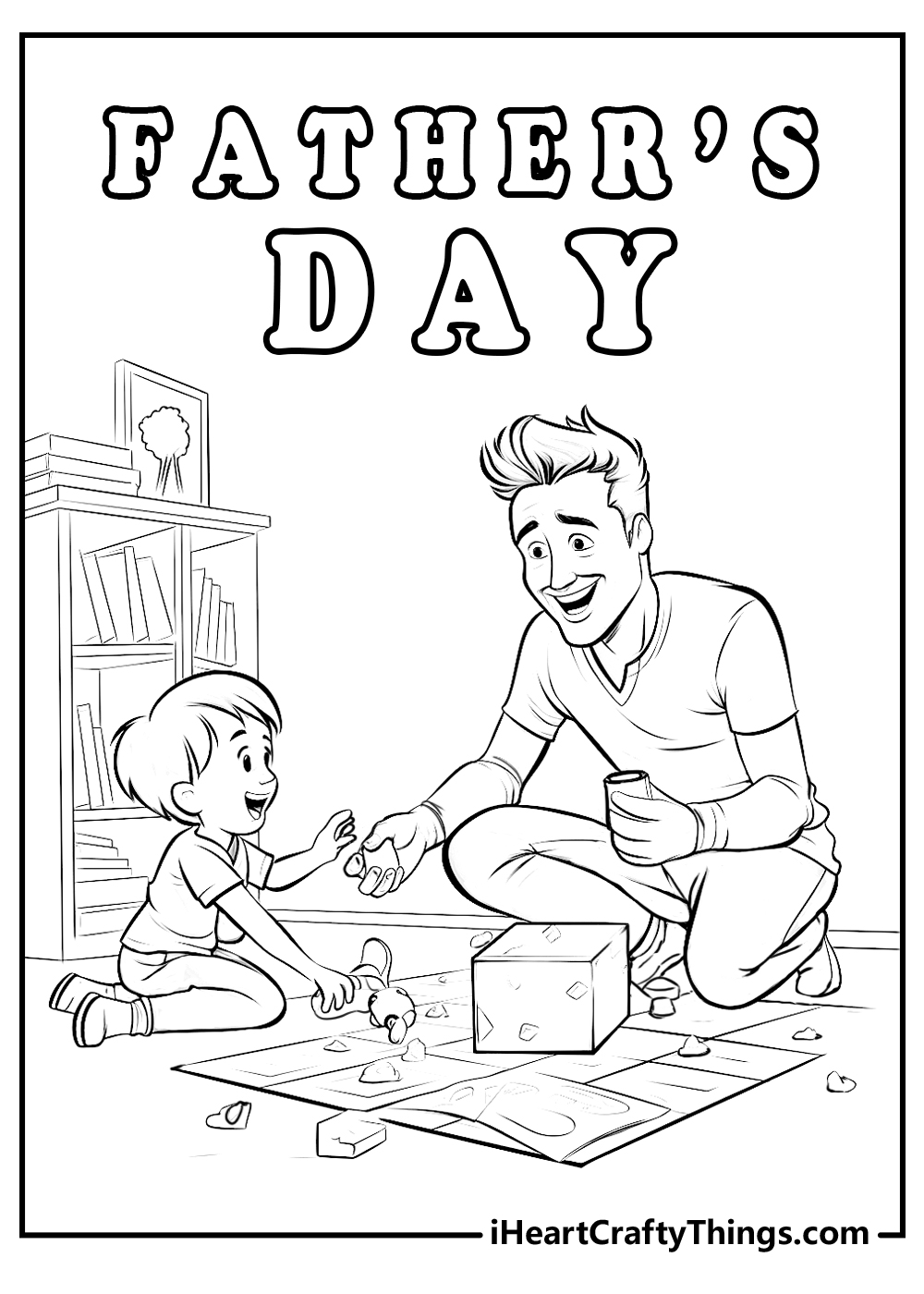 Father's Day dad and child playing toys coloring page fun for kids