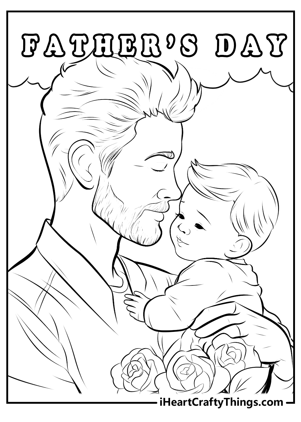 Father holding baby Father's Day coloring page printable for adults and kids