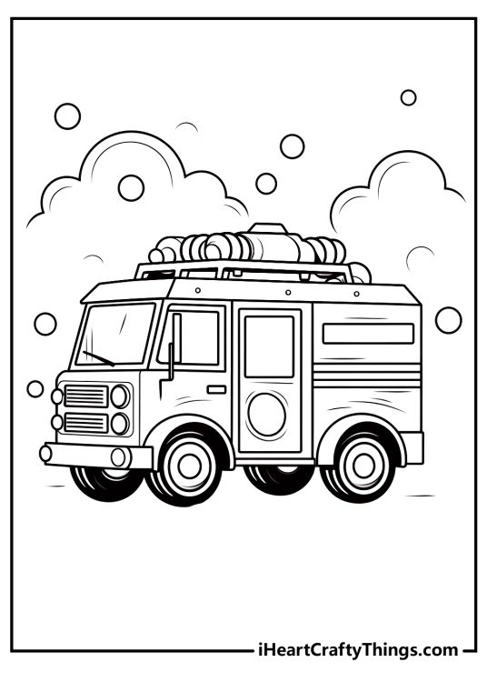 Detailed coloring page featuring a fire truck with the water hose folded on top of it and bubbles all around it