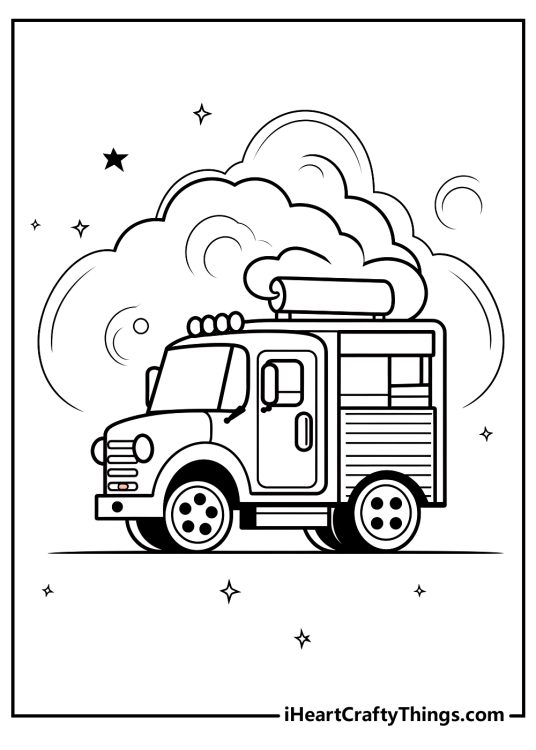 Printable coloring page of a cartoony truck surrounded with sparkles and swirls in the sky above it