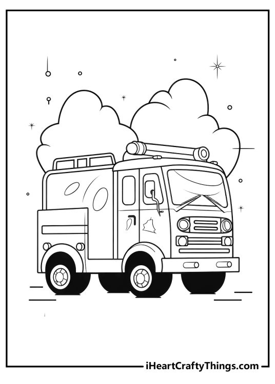 Free coloring page depicting a sturdy fire truck with clouds and sparkles in the background