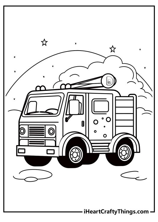 Free coloring drawing of a fire truck with black tires, ladder on the side and flashing lights on the top of it