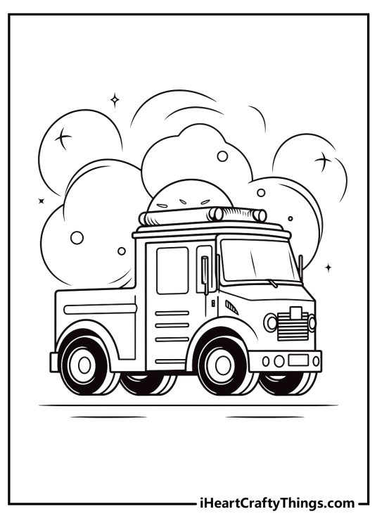 Detailed coloring page presenting fire truck van with fluffy clouds in the background