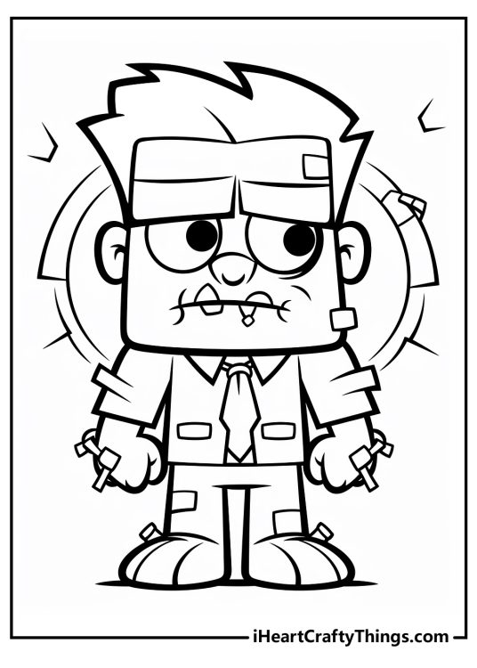 Coloring picture presenting cartoony Frankenstein in his signature suit and tie