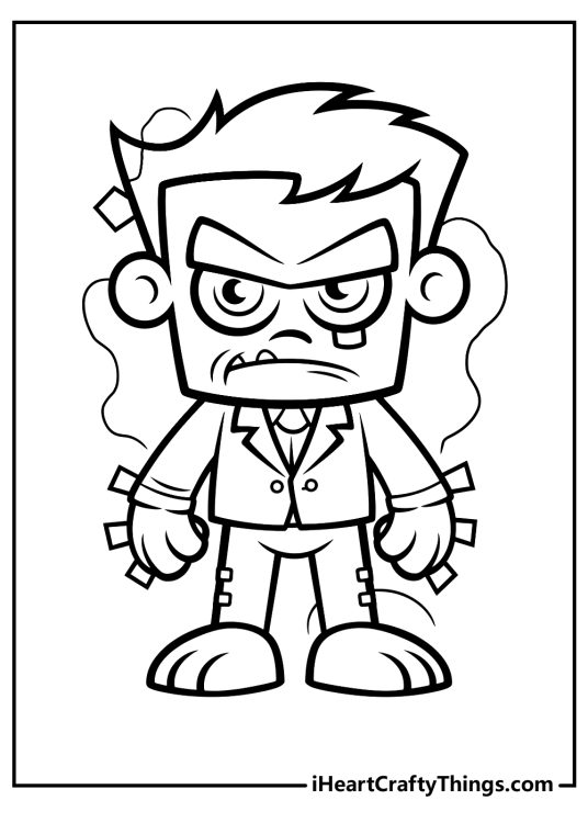 Free printable coloring sheet presenting angry-looking cartoony Frankenstein with bolts on his hands