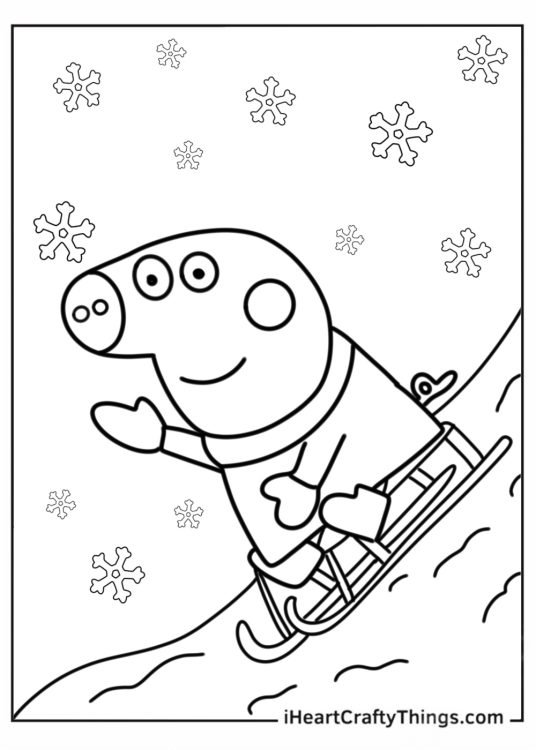 George Pig Riding Sleigh In Winter To Color