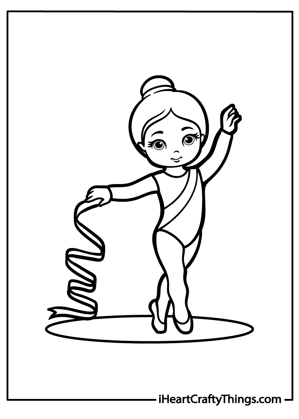 Coloring image of a graceful gymnastics ballerina performing a beautiful dance with a spiral ribbon