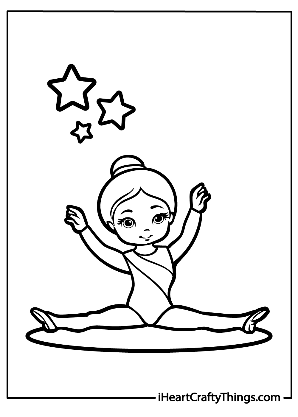 Coloring picture of a young girl gymnast performing a split with her arms up in the air