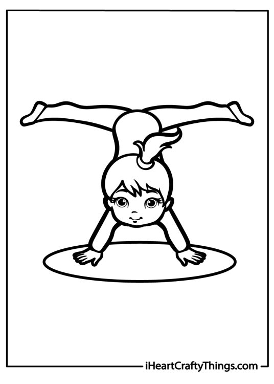 Gymnastics-themed page featuring a child in a handstand position with arms and legs spread wide
