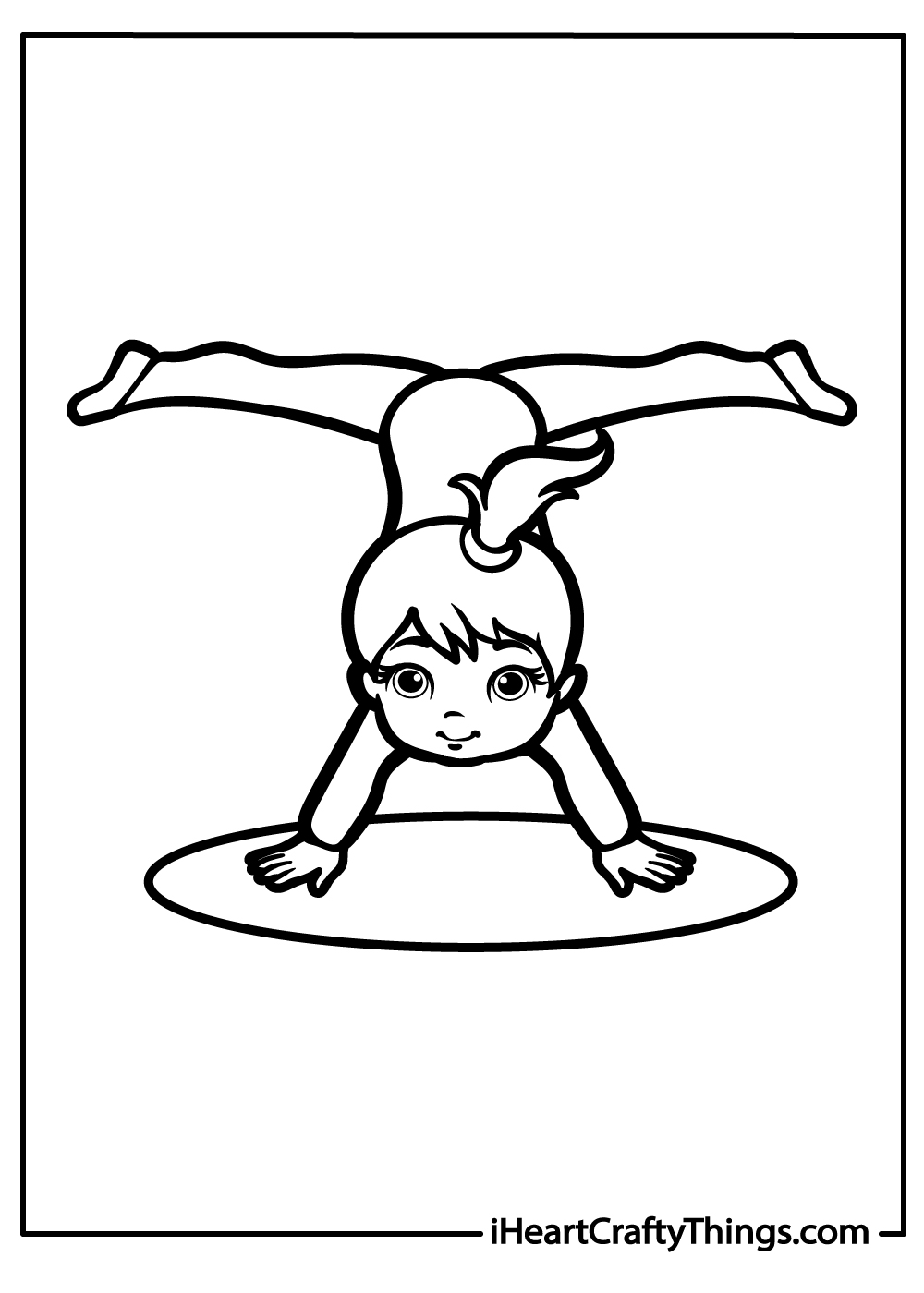 Gymnastics-themed page featuring a child in a handstand position with arms and legs spread wide