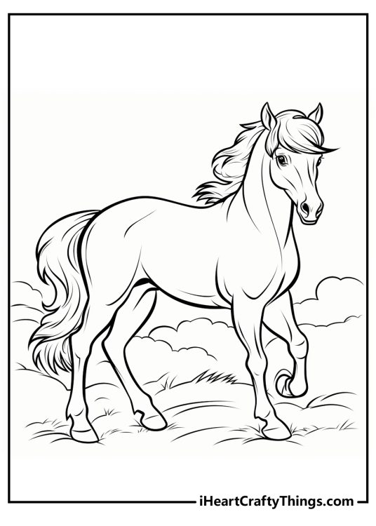 Coloring picture featuring elegant horse with majestic mane and tail lifting one hoof with poise