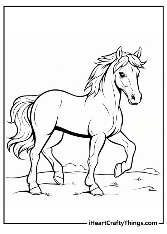 Horse-themed picture to print and color featuring playful pony with long fluffy tail