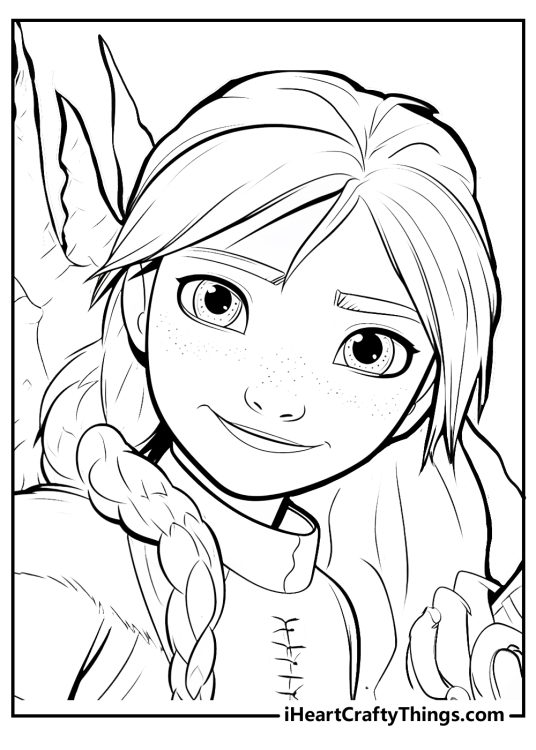 Detailed coloring portrait for adults featuring Astrid from How to Train Your Dragon