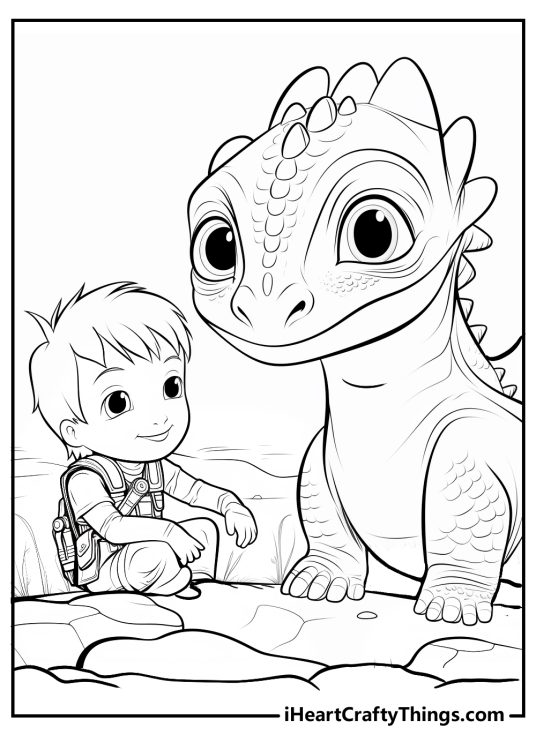 Detailed coloring picture for kids featuring Hiccup and Toothless sitting outdoors
