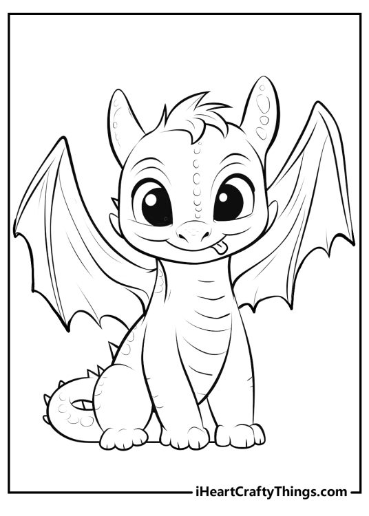 Detailed picture of a playful Toothless sitting with wings spread wide and tongue sticking out of his mouth