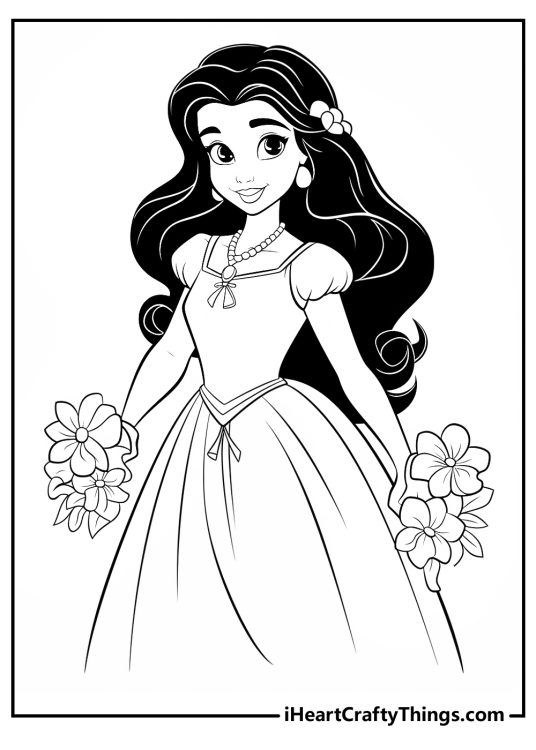 Detailed printable sheet for kids presenting beautiful Jasmine wearing dress and holding flowers in each hand
