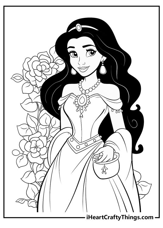 Coloring page of a Jasmine presented wearing beautiful gown and exceptional jewelry with flowers behind her
