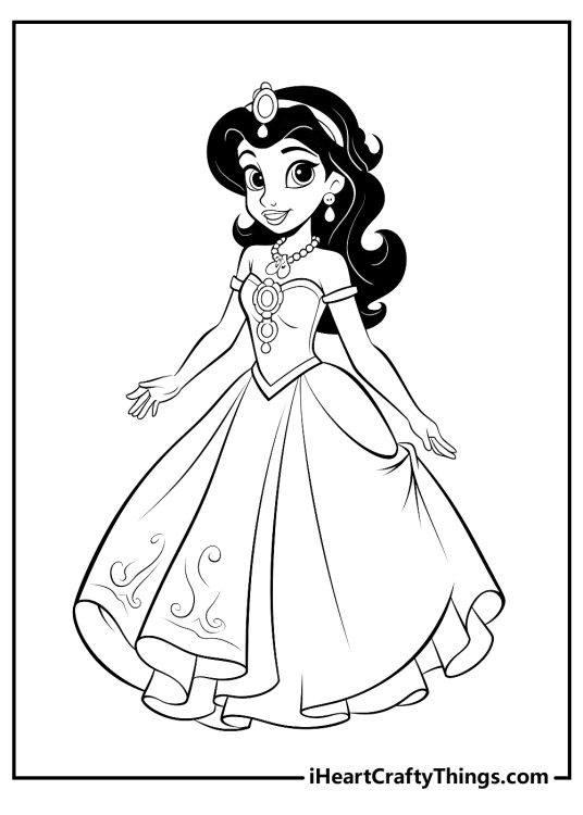Jasmine-themed coloring printable presenting Disney princess posing in a beautiful dress