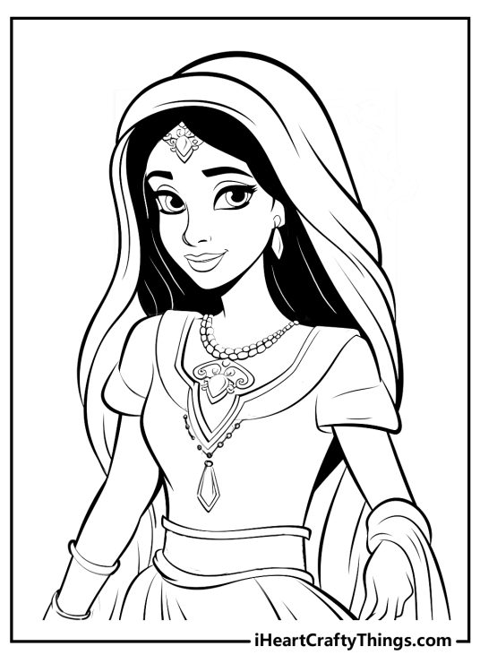 Detailed coloring page for adults featuring realistic Disney princess Jasmine