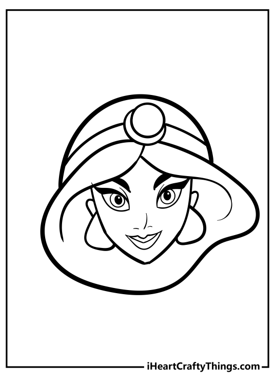 Picture to print and color featuring close-up portrait of Disney princess Jasmine