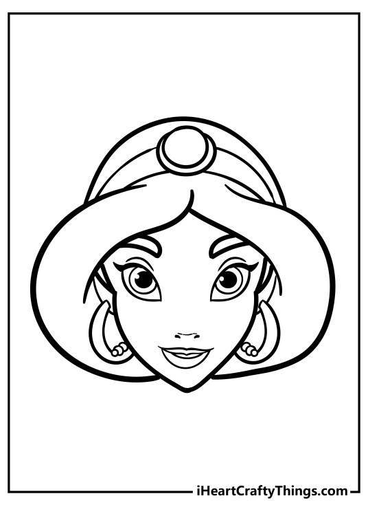 Coloring picture for children featuring close-up drawing of princess Jasmines face