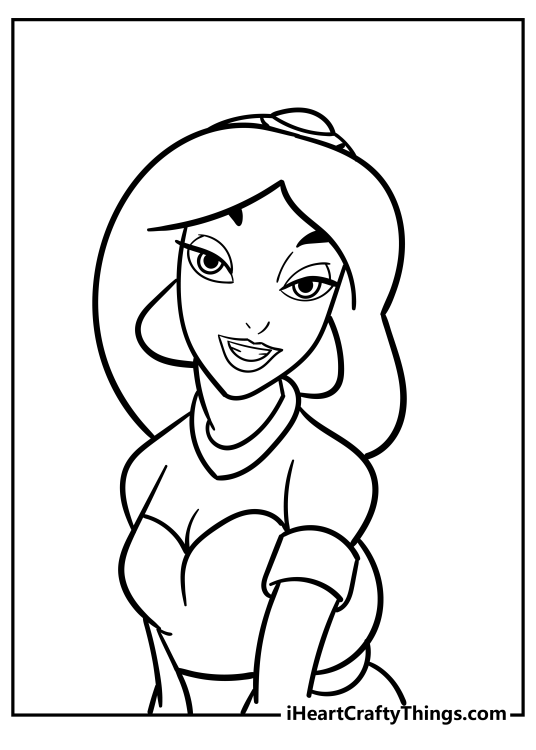 Free printable pdf to color presenting princess Jasmine looking happy and dreamy