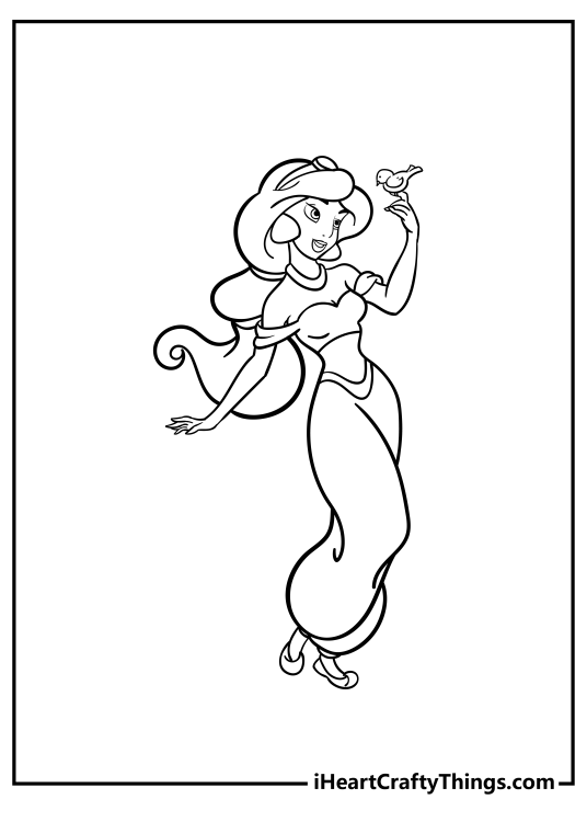 Free coloring image for children featuring Jasmine as she poses with an adorable bird in her hand
