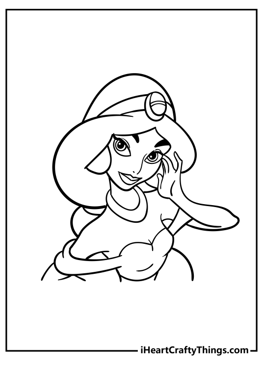 Free printable coloring sheet with a close-up of Disney princess Jasmine as she holds left hand near the face