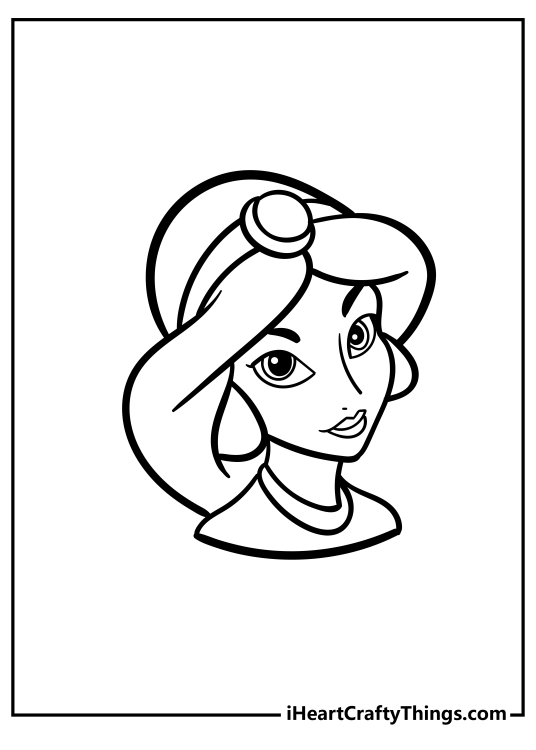Prinbtable coloring picture for children with the focus on princess Jasmine’s face