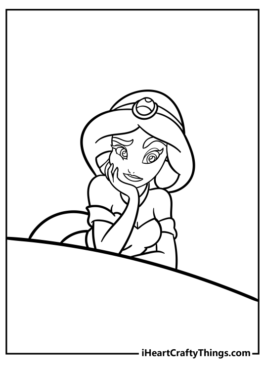 Detailed printable page to color featuring princess Jasmine looking as if she is deep in thought