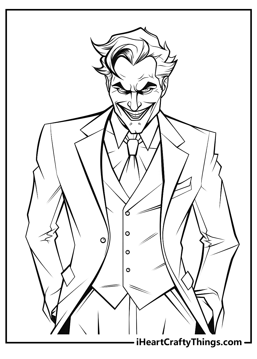 Coloring pdf featuring Joker loooking smart dressed in a suit with messy stylish hairstyle and piercing look