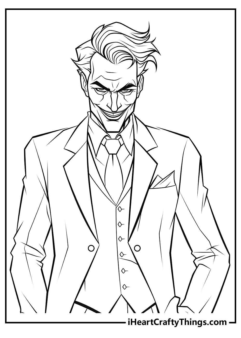 Printable page of a Joker with a smirk on his face and hair styled in a messy but stylish manner