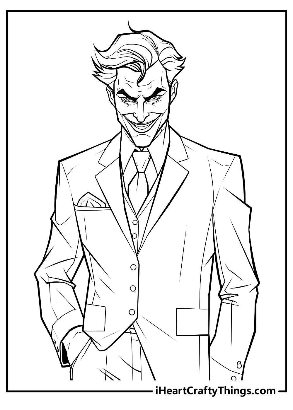 Free printable sheet featuring elegant Joker in a suit holding right hand in his pants pocket