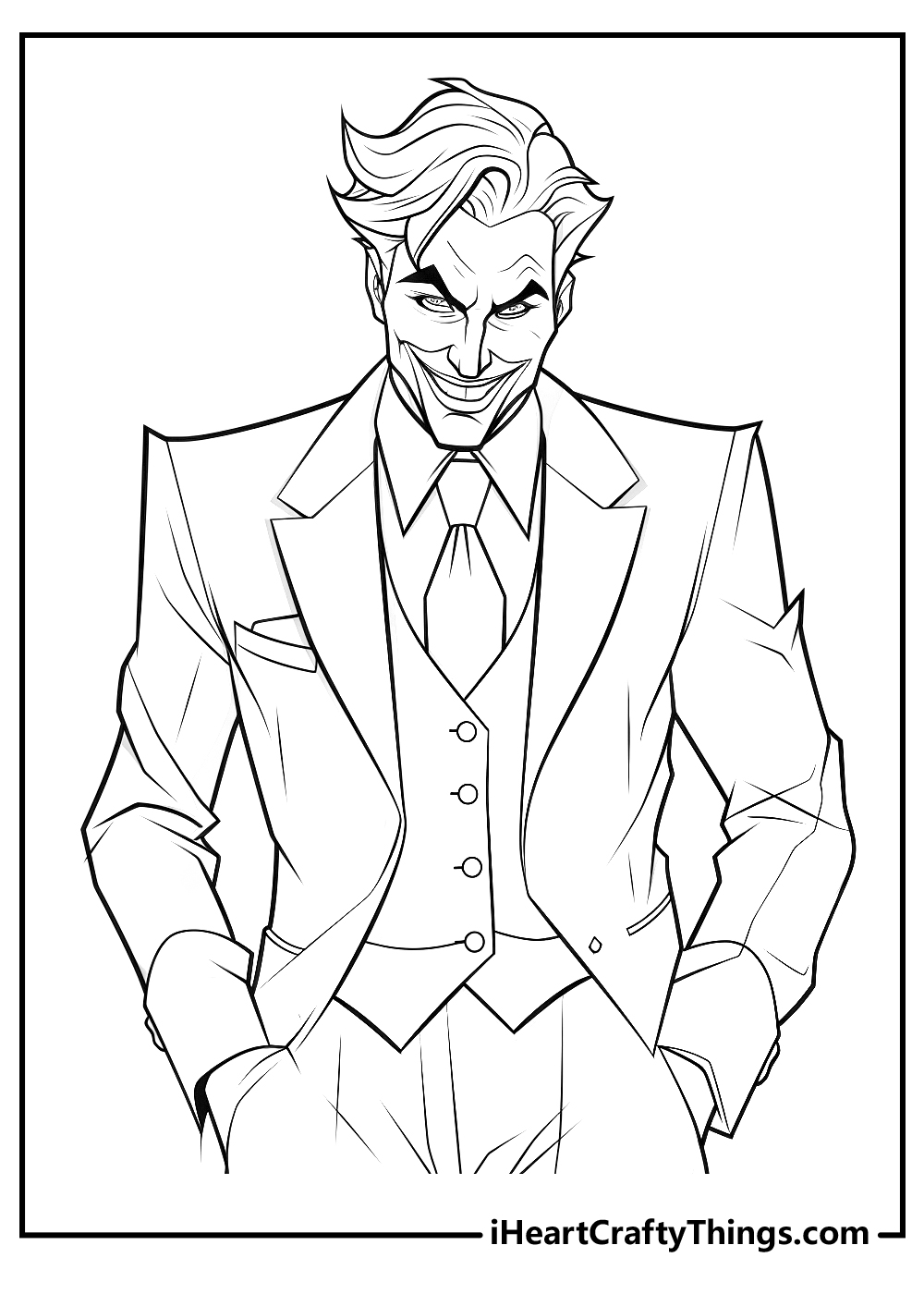 Free printable of a Joker wearing button suit, vest, shirt and holding both hands in his pants pockets