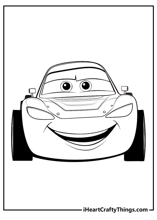 Printable pdf featuring front view of Lightning McQueen with cute round eyes, big smile and black wheels