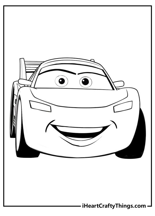 Coloring page featuring front view of racing car Lightning McQueen with happy facial expression