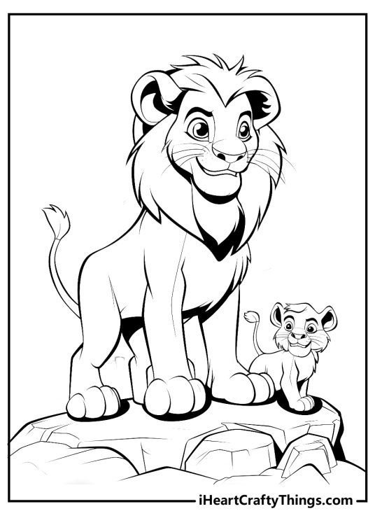Detailed Lion King printable drawing depicting a lion father and his cub standing on a rock